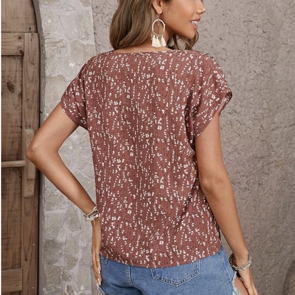 Short Sleeve Floral Mauve Blouse Shirt Top L - Picture 6 of 7